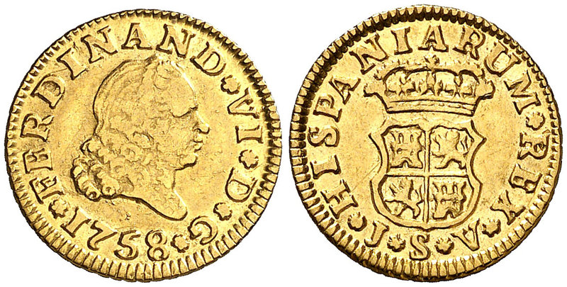 1758. Fernando VI. Sevilla. JV. 1/2 escudo. (Cal. 274). 1,76 g. Florones en leye...