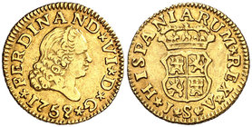 1759. Fernando VI. Sevilla. JV. 1/2 escudo. (Cal. 276). 1,77 g. Buen ejemplar. Escasa. MBC+.
