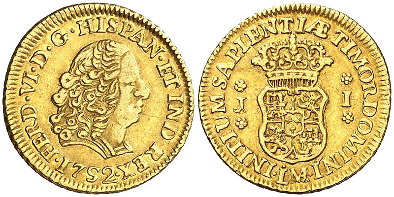 1752. Fernando VI. Lima. J. 1 escudo. (Cal. 202). 3,33 g. Primer busto. Con indi...