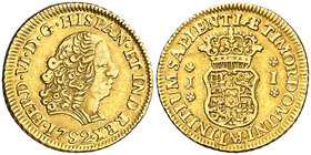 1752. Fernando VI. Lima. J. 1 escudo. (Cal. 202). 3,33 g. Primer busto. Con indicación de valor. Parte de brillo original. Ex Áureo 17/12/1997, nº 168...