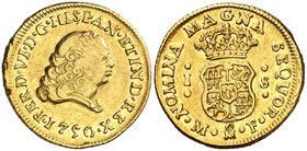 1750. Fernando VI. México. MF. 1 escudo. (Cal. 215). 3,35 g. Segundo busto. Con indicación de valor. Leves golpecitos. Parte de brillo original. Rara,...