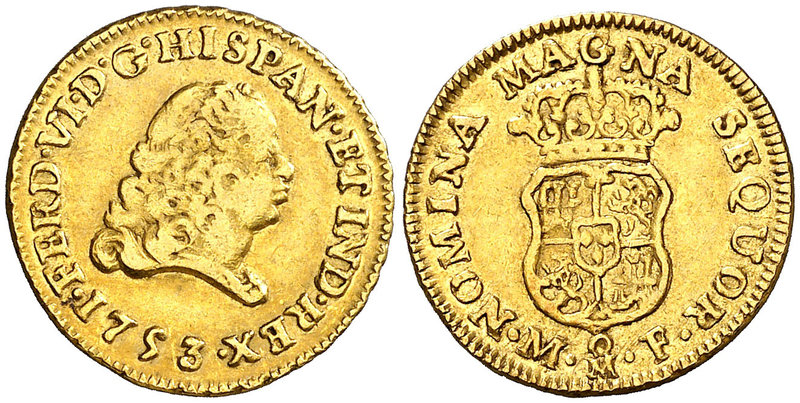 1753. Fernando VI. México. MF. 1 escudo. (Cal. 218). 3,34 g. Segundo busto. Sin ...