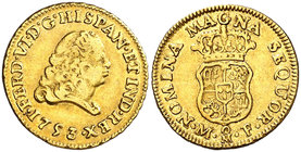 1753. Fernando VI. México. MF. 1 escudo. (Cal. 218). 3,34 g. Segundo busto. Sin indicación de valor. Parte de brillo original. Muy rara, sólo hemos te...