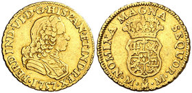 1757. Fernando VI. México. MM. 1 escudo. (Cal. 222). 3,33 g. Tercer busto, con armadura. Sin indicación de valor. Leves rayitas. Ex Áureo 21/05/1997, ...