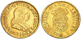 1758. Fernando VI. Popayán. J. 1 escudo. (Cal. 225) (Restrepo 14-2). 3,32 g. Sin indicación de valor. Pátina atractiva. Muy rara, sólo hemos tenido 2 ...