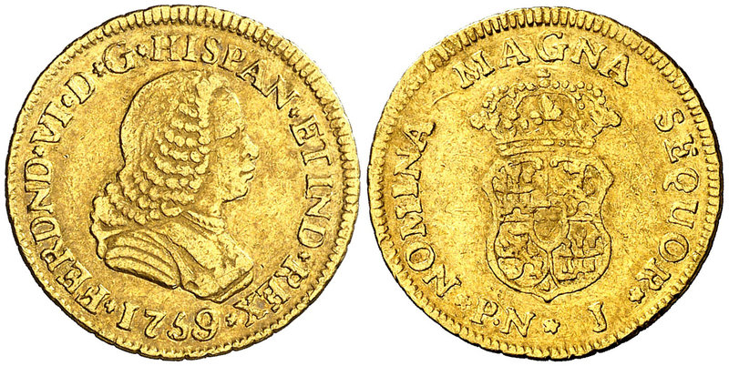 1759. Fernando VI. Popayán. J. 1 escudo. (Cal. 226) (Restrepo 14-4). 3,32 g. Sin...