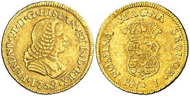 1759. Fernando VI. Popayán. J. 1 escudo. (Cal. 226) (Restrepo 14-4). 3,32 g. Sin indicación de valor. Rayitas. Muy escasa, sólo hemos tenido 8 ejempla...