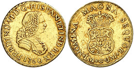 1760. Fernando VI. Lima. JM. 2 escudos. (Cal. 155). 6,72 g. Segundo busto. Sin indicación de valor. Acuñación póstuma. Canto reparado. Sirvió como joy...