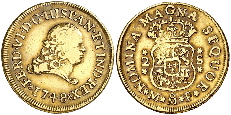 1748. Fernando VI. México. MF. 2 escudos. (Cal. 158). 6,71 g. Segundo busto. Con...