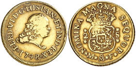 1748. Fernando VI. México. MF. 2 escudos. (Cal. 158). 6,71 g. Segundo busto. Con indicación de valor. Golpecitos. Parte de brillo original. Muy rara, ...