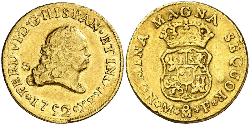 1752. Fernando VI. México. MF. 2 escudos. (Cal. 162). 6,75 g. Segundo busto. Sin...