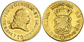 1752. Fernando VI. México. MF. 2 escudos. (Cal. 162). 6,75 g. Segundo busto. Sin indicación de valor. Resello particular en anverso. Golpecitos. Parte...