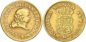 1754. Fernando VI. México. MF. 2 escudos. (Cal. 164). 6,63 g. Sin indicación de valor. Sirvió como joya. Muy rara, sólo hemos tenido 3 ejemplares y 2 ...