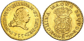 1755. Fernando VI. México. MM. 2 escudos. (Cal. 165). 6,72 g. Sin indicación de valor. Buen ejemplar. Parte de brillo original. Rara así, sólo hemos t...