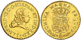 1756. Fernando VI. México. MM. 2 escudos. (Cal. 167). 6,71 g. Sin indicación de valor. Leves golpecitos. Bella. Parte de brillo original. Muy rara así...