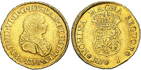 1758. Fernando VI. Popayán. J. 2 escudos. (Cal. 171) (Restrepo 18-4). 6,68 g. Sin indicación de valor. Pequeña parte de brillo original. Ex Áureo 21/0...