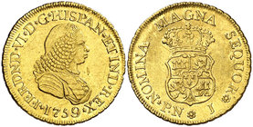 1759. Fernando VI. Popayán. J. 2 escudos. (Cal. 172) (Restrepo 18-8). 6,72 g. Sin indicación de valor. Dos mínimas rayitas. Muy bella. Ex Colección de...