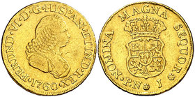 1760. Fernando VI. Popayán. J. 2 escudos. (Cal. 173) (Restrepo 18-10). 6,64 g. Sin indicación de valor. Acuñación póstuma. Ex Áureo 21/05/1997, nº 709...