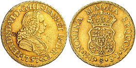 1757. Fernando VI. Santa Fe de Nuevo Reino. SJ. 2 escudos. (Cal. 187) (Restrepo 16-6 la señala como "rare"). 6,71 g. Sin indicación de valor. Único añ...