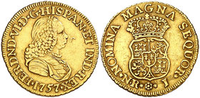 1757. Fernando VI. Santa Fe de Nuevo Reino. J. 2 escudos. (Cal. 188) (Restrepo 16-8). 6,67 g. Sin indicación de valor. Exceso de oro. Precioso color. ...