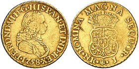 1758. Fernando VI. Santa Fe de Nuevo Reino. J. 2 escudos. (Cal. 189) (Restrepo 16-10). 6,63 g. Sin indicación de valor. Rayitas. Ex Áureo 01/03/2000, ...