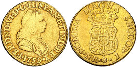 1759. Fernando VI. Santa Fe de Nuevo Reino. J. 2 escudos. (Cal. 190) (Restrepo 16-14). 6,62 g. Sin indicación de valor. Sirvió como joya. Rara, sólo h...