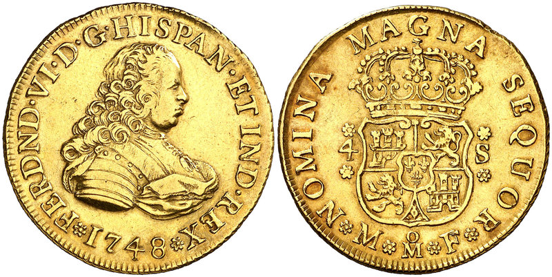 1748. Fernando VI. México. MF. 4 escudos. (Cal. 105). 13,45 g. Segundo busto. Co...