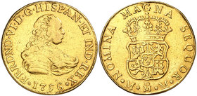 1756. Fernando VI. México. MM. 4 escudos. (Cal. 113). 13 g. Segundo busto. Sin indicación de valor. Sirvió como joya. Muy rara, sólo hemos tenido 2 ej...