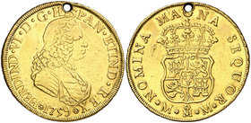 1759. Fernando VI. México. MM. 4 escudos. (Cal. 115). 13,31 g. Perforación. Sin indicación de valor. Muy rara, sólo hemos tenido 2 ejemplares. (MBC)....