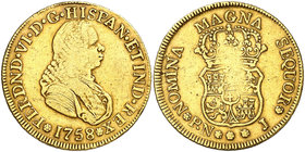 1758. Fernando VI. Popayán. J. 4 escudos. (Cal. 116) (Restrepo 22-2). 13,35 g. Sin indicación de valor. Acuñación floja. Leves marquitas. Precioso col...