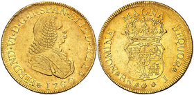 1760. Fernando VI. Popayán. J. 4 escudos. (Cal. 118) (Restrepo 22-6). 13,38 g. Sin indicación de valor. Acuñación póstuma. Leves rayitas. Bella. Preci...