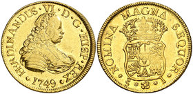 1749. Fernando VI. Santiago. J. 4 escudos. (Cal. 133). 13,48 g. Sin indicación de valor. Bella. Brillo original. Rara así. EBC.