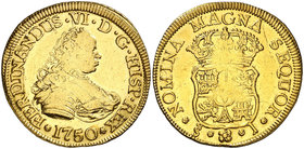 1750. Fernando VI. Santiago. J. 4 escudos. (Cal. 135). 13,40 g. Sin indicación de valor. Sirvió como joya. No procede del Tesoro Uruguayo del Río de l...