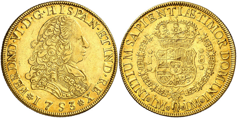 1753. Fernando VI. Lima. J. 8 escudos. (Cal. 20) (Cal.Onza 579). 26,99 g. Leves ...