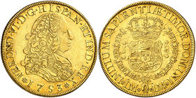 1753. Fernando VI. Lima. J. 8 escudos. (Cal. 20) (Cal.Onza 579). 26,99 g. Leves hojitas. Parte de brillo original. Rara. MBC+.