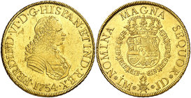 1754. Fernando VI. Lima. JD. 8 escudos. (Cal. 21) (Cal.Onza 581). 26,89 g. Segundo busto. Sin indicación de valor. Leves golpecitos. Rara. MBC+.