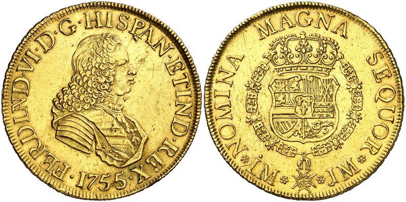 1755. Fernando VI. Lima. JM. 8 escudos. (Cal. 22) (Cal.Onza 582). 26,89 g. Sin i...