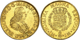 1755. Fernando VI. Lima. JM. 8 escudos. (Cal. 22) (Cal.Onza 582). 26,89 g. Sin indicación de valor. Golpecito. Rara. MBC+/EBC-.