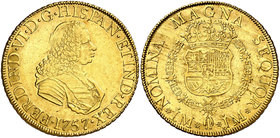 1757. Fernando VI. Lima. JM. 8 escudos. (Cal. 25) (Cal.Onza 586). 26,91 g. Sin indicación de valor. Punto encima del ensayador J. El toisón cuelga de ...