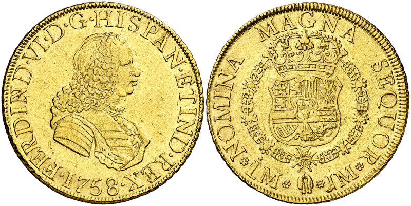 1758/7. Fernando VI. Lima. JM. 8 escudos. (Cal. 26) (Cal.Onza 587). 26,89 g. Sin...