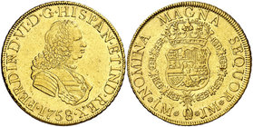 1758/7. Fernando VI. Lima. JM. 8 escudos. (Cal. 26) (Cal.Onza 587). 26,89 g. Sin indicación de valor. Leves marquitas. Parte de brillo original. Rara....