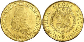 1759. Fernando VI. Lima. JM. 8 escudos. (Cal. 28) (Cal.Onza 590). 26,99 g. Sin indicación de valor. Mínimas rayitas. Bella. Brillo original. Rara. EBC...
