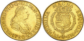 1760. Fernando VI. Lima. JM. 8 escudos. (Cal. 29) (Cal.Onza 591). 26,96 g. Sin indicación de valor. Acuñación póstuma. Rara. MBC/MBC+.