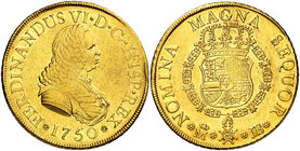 1750. Fernando VI. Madrid. JB. 8 escudos. (Cal. 32) (Cal.Onza 595, indica pocos ejemplares conocidos). 26,95 g. Tercer busto. Sin indicación de valor....