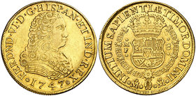 1747. Fernando VI. México. MF. 8 escudos. (Cal. 33) (Cal.Onza 596). 26,94 g. Primer busto. Tipo "cara de perro". Mínimos golpecitos. Gran parte de bri...