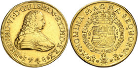 1748. Fernando VI. México. MF. 8 escudos. (Cal. 34) (Cal.Onza 597). 26,90 g. Segundo busto. Con indicación de valor. Limpiada. Rara. MBC/MBC+.