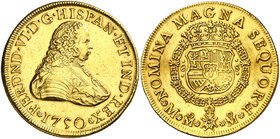 1750. Fernando VI. México. MF. 8 escudos. (Cal. 37) (Cal.Onza 600). 27 g. Restos de soldadura en reverso hábilmente reparados. Rara. (MBC+).