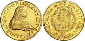 1751. Fernando VI. México. MF. 8 escudos. (Cal. 39) (Cal.Onza 602). 27 g. Leves golpecitos. Parte de brillo original. Rara, sólo hemos tenido 7 ejempl...