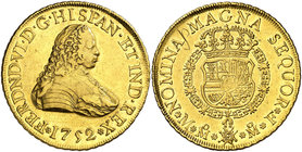 1752. Fernando VI. México. MF. 8 escudos. (Cal. 40) (Cal.Onza 603). 27 g. Segundo busto. Sin indicación de valor. Rayitas en reverso. Parte de brillo ...