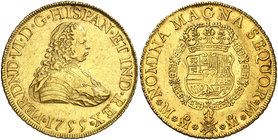 1755. Fernando VI. México. MM. 8 escudos. (Cal. 43) (Cal.Onza 606). 27 g. Sin indicación de valor. Bella. Brillo original. Rara y más así. EBC/EBC+....